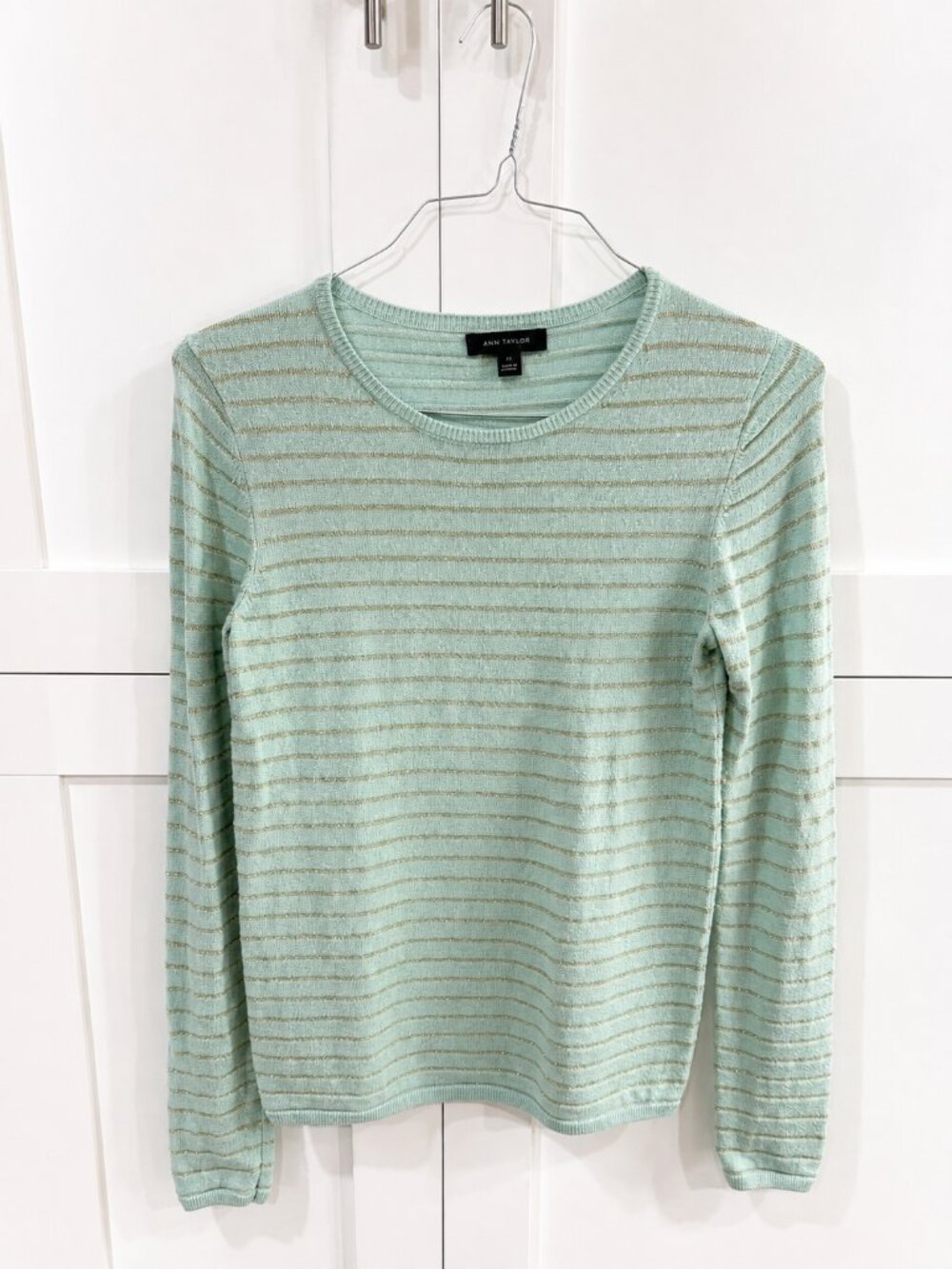 Ann Taylor Mint Green Metallic Stripe Lightweight Sweater | Women's XS